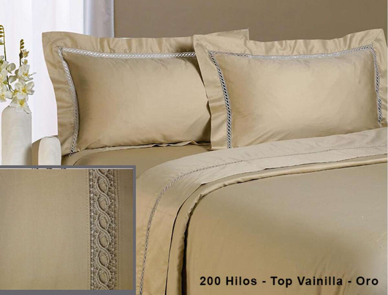 Juego Sábanas Bordadas Dohler 1 plaza 200 hilos - Top Vainillia - Oro 