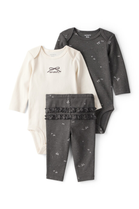 Set tres piezas de algodón, pantalón y dos bodies, diseño lazos Set tres piezas de algodón, pantalón y dos bodies, diseño lazos