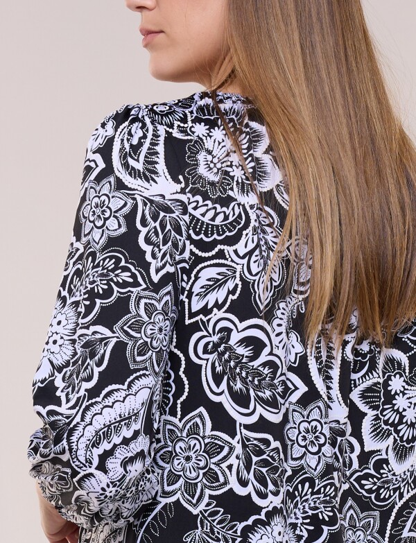 Blusa Manga Abullonada Estampado Floral Arabesco NEGRO/BLANCO