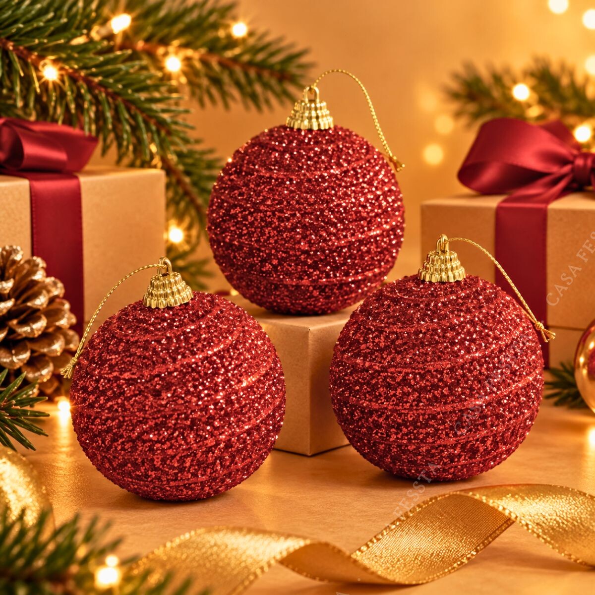 Esferas Navideñas Rojas con Destellos x 3 