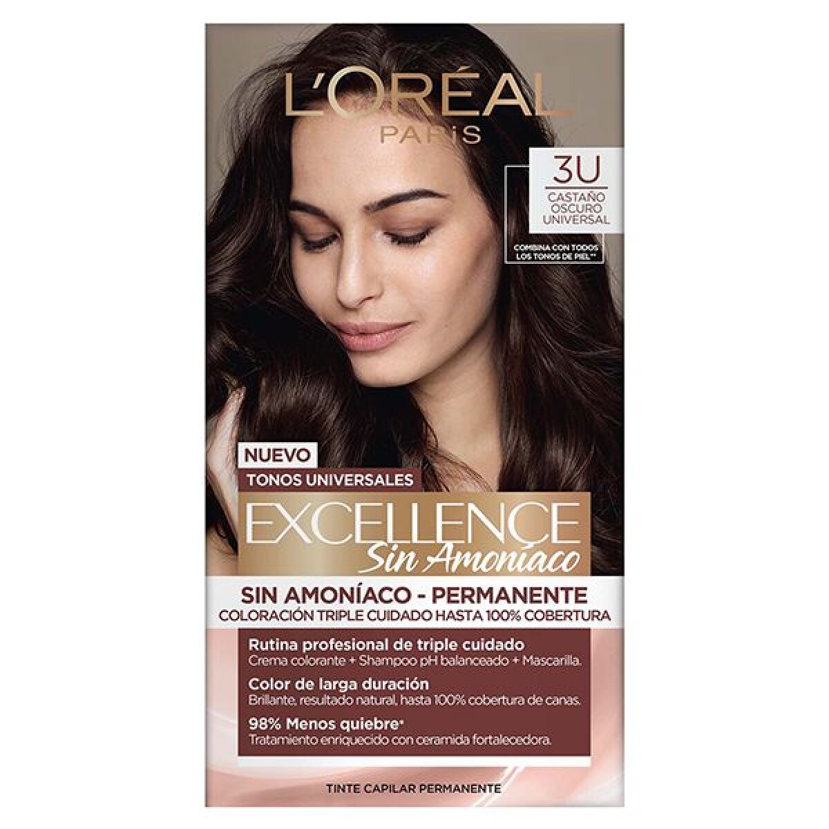 Tinta L’Oréal Excellence Sin Amoníaco N°3U Castaño Oscuro Universal – Cobertura Completa y Brillo