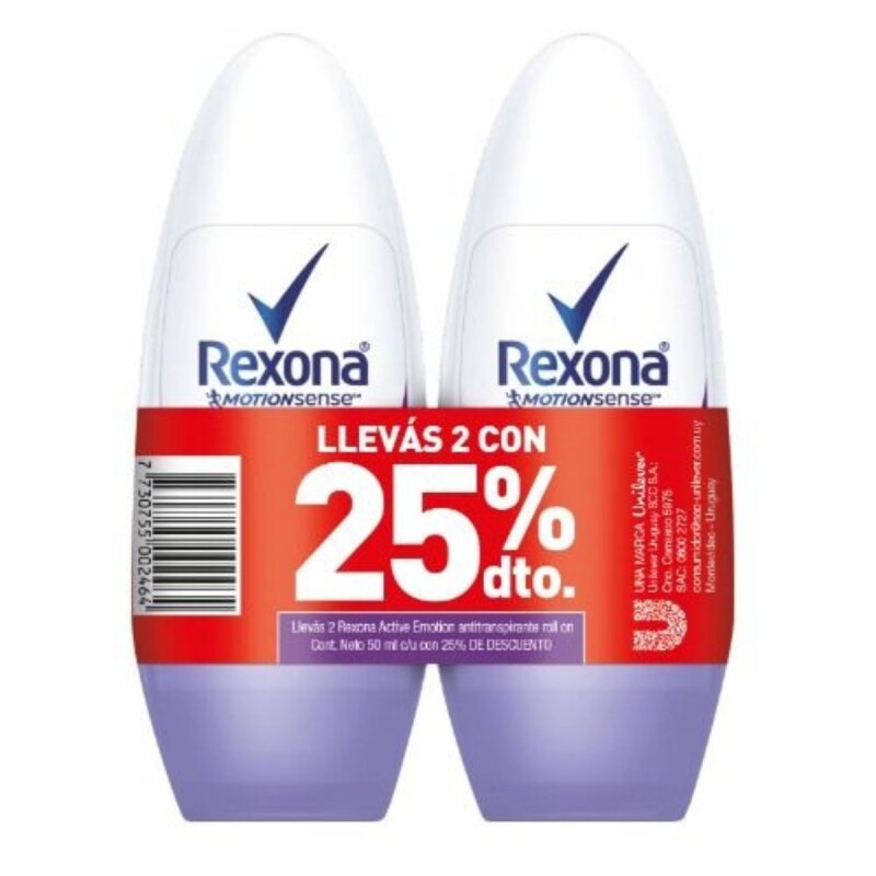 Desodorante Rexona Roll On Active Emotion Pack Ahorro X2 50 ML 25% OFF