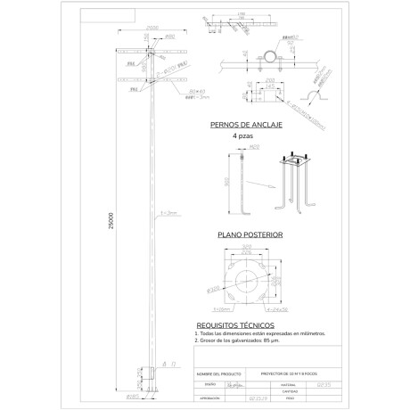COLUMNA DEPORTIVA CON RACK PARA 8 PROYECTORES Columna Deportiva con Rack para 8 Focos 25mt