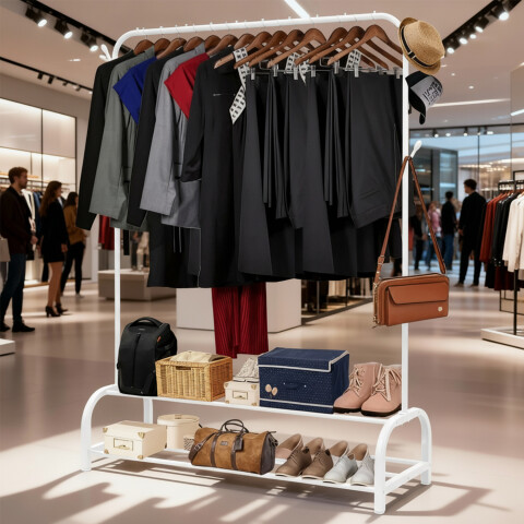 Perchero Para Ropa Con Doble Estante y ganchos de Metal Organizador zapatero Imback Color Blanco Perchero Para Ropa Con Doble Estante y ganchos de Metal Organizador zapatero Imback Color Blanco