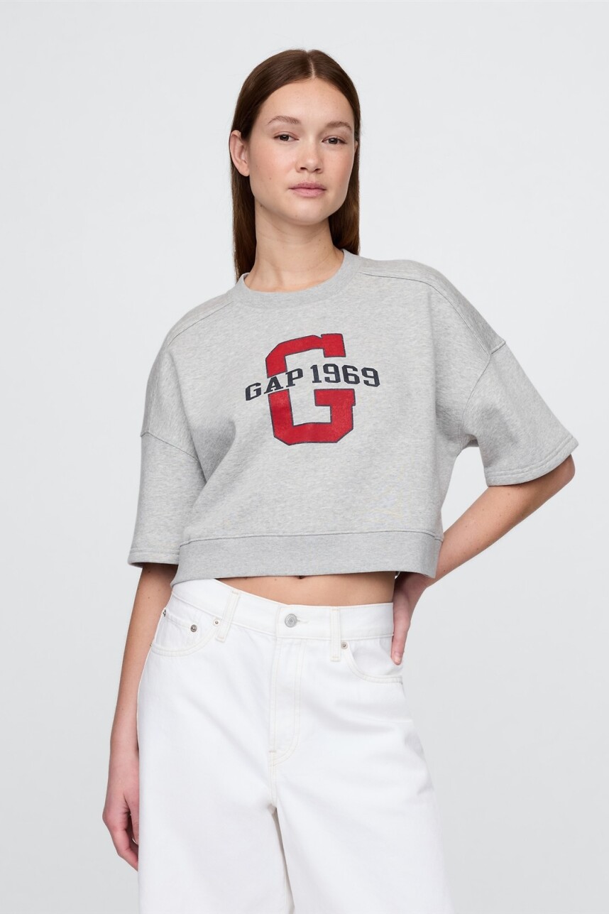 Buzo Deportivo Crop Manga Corta Logo Mujer Light Heather Grey