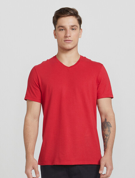 CAMISETA BÁSICA MANGA CORTA CUELLO EN V ROJO