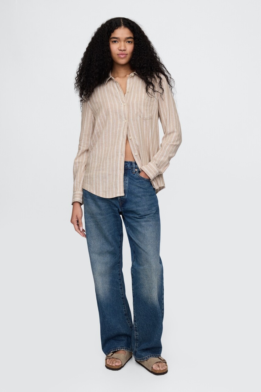 Camisa De Lino Brannan Mujer Khaki Stripe