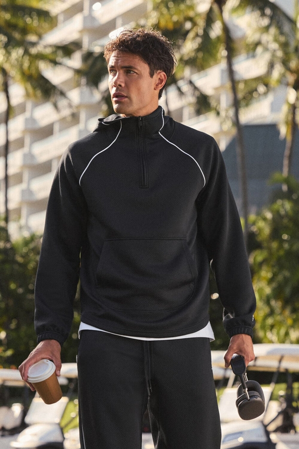 Polera The Gridtech Quarter Zip Hoodie Piped Hombre Black / Classic White