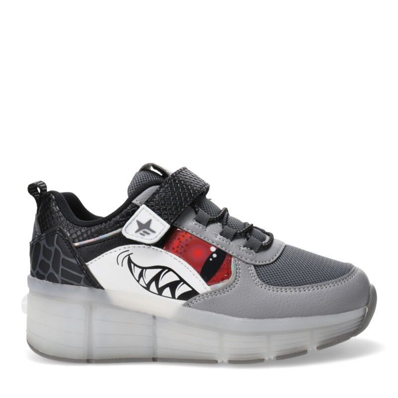 Championes Infantiles Footy Roller con Luz Led y Velcro Gris - Negro - Blanco