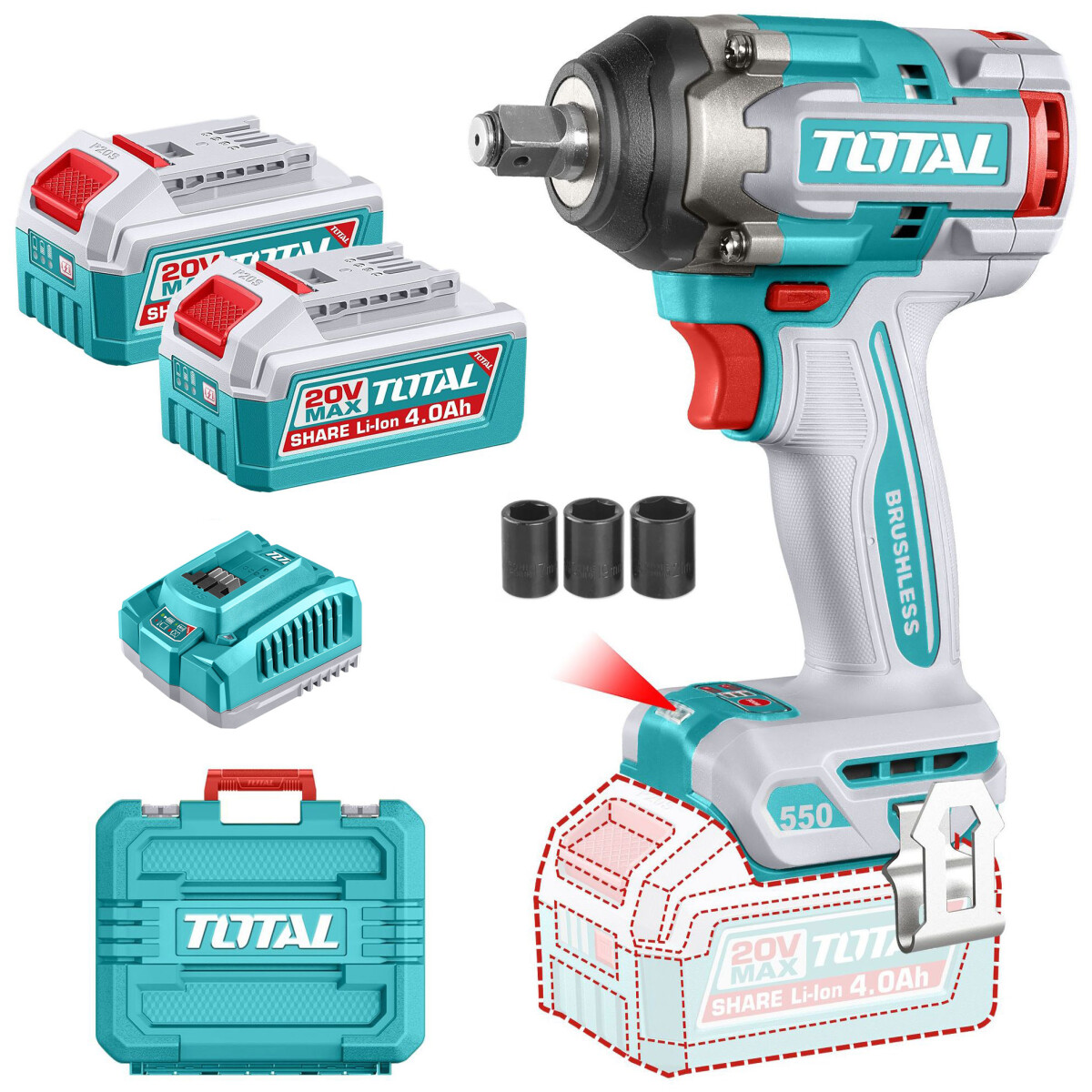 Llave De Impacto Inalámbrica 20v 1/2" 550Nm - Doble Batería + Maletín 