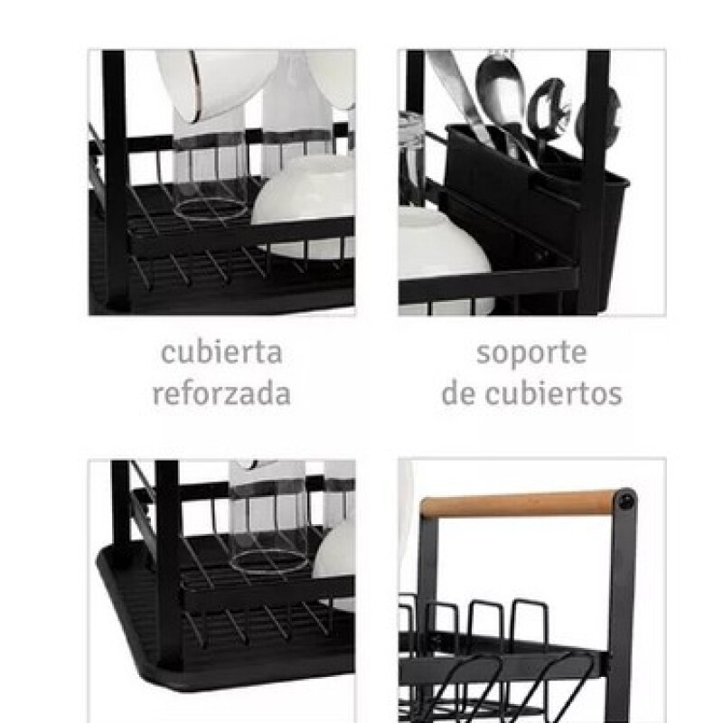 Escurridor de platos 2 pisos metal con madera Negro