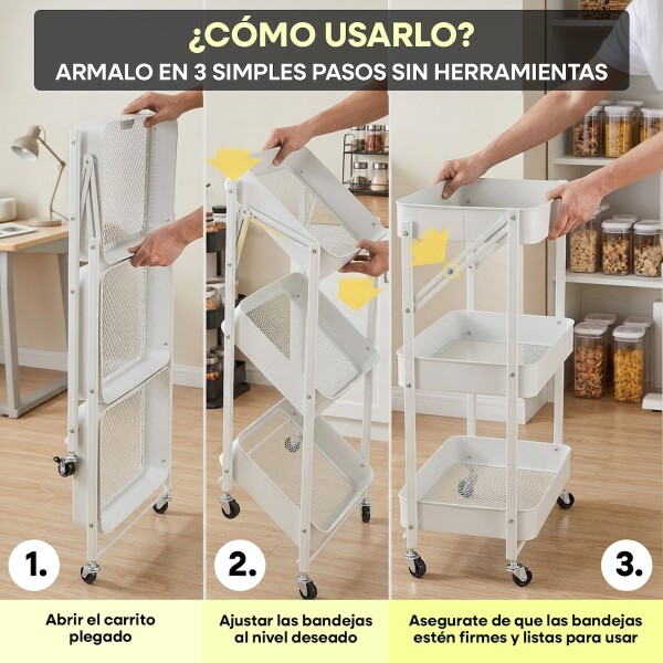 Carro Plegable Carrito Organizador de Metal con 3 Estantes y Ruedas Multiuso IMBACK Color Blanco Carro Plegable Carrito Organizador de Metal con 3 Estantes y Ruedas Multiuso IMBACK Color Blanco