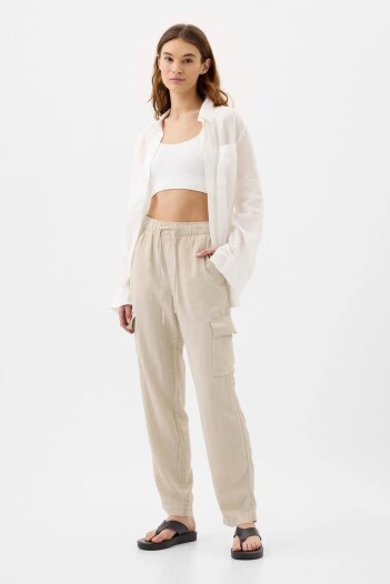 Pantalón De Lino Cargo Mujer Sand Khaki