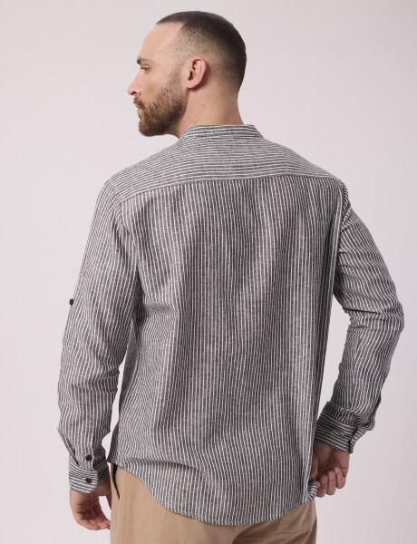 Camisa m/l lino rayada negro