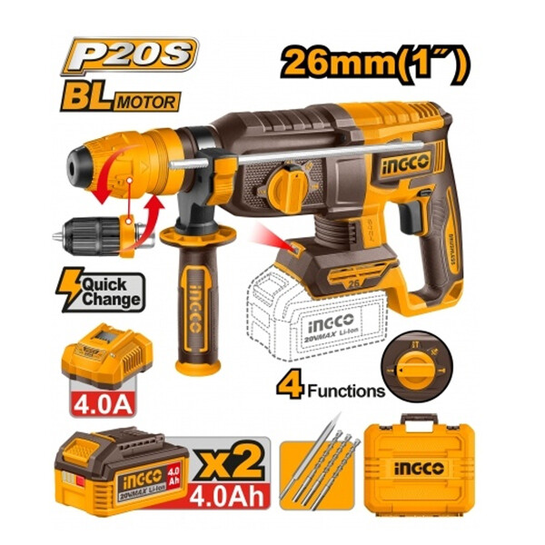 ROTOMARTILLO A BATERIA 26MM P20S 20V 2.5J SDS PLUS + 2 BAT 4.0AH + CARGADOR + AC ROTOMARTILLO A BATERIA 26MM P20S 20V 2.5J SDS PLUS + 2 BAT 4.0AH + CARGADOR + AC
