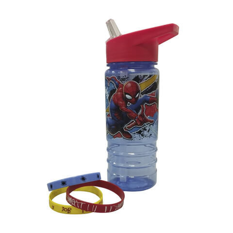 Botella Plástica con Pajita Spiderman 500 ml + 3 Pulseras Goma U