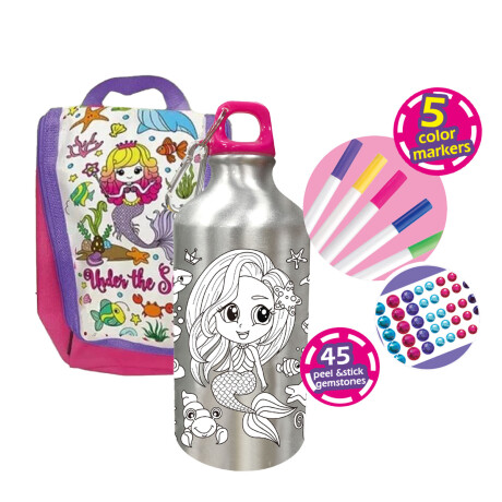 Set Lanchera Y Botella P/Colorear Infantil C/Fibras Stickers Rosa/violeta