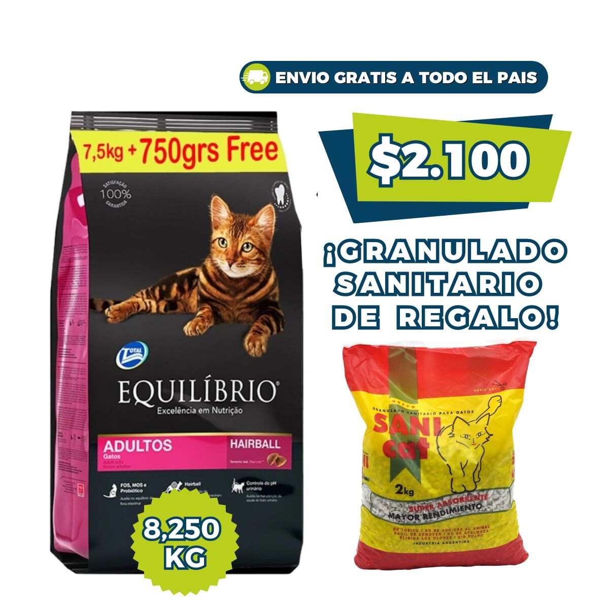 EQUILIBRIO GATOS ADULTOS - 7.5 KG + 750 GRS + SANITARIO GRANULADO DE REGALO 