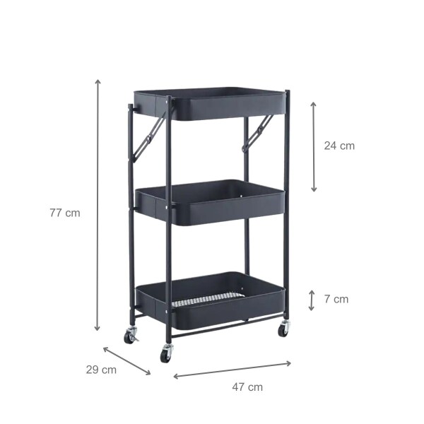 Carro Organizador de Metal Plegable Canasto con 3 Estantes y Ruedas Multiuso IMBACK Color Negro Carro Organizador de Metal Plegable Canasto con 3 Estantes y Ruedas Multiuso IMBACK Color Negro