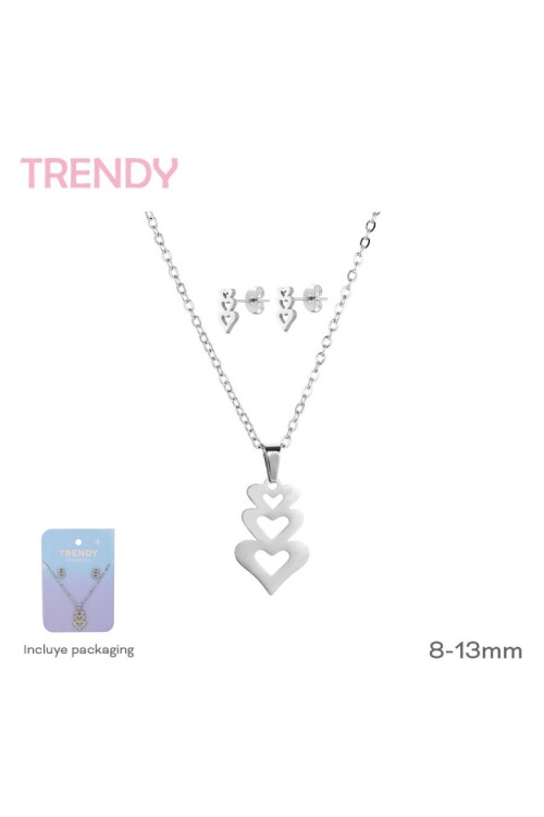 Set collar y caravanas tres corazones Plateado