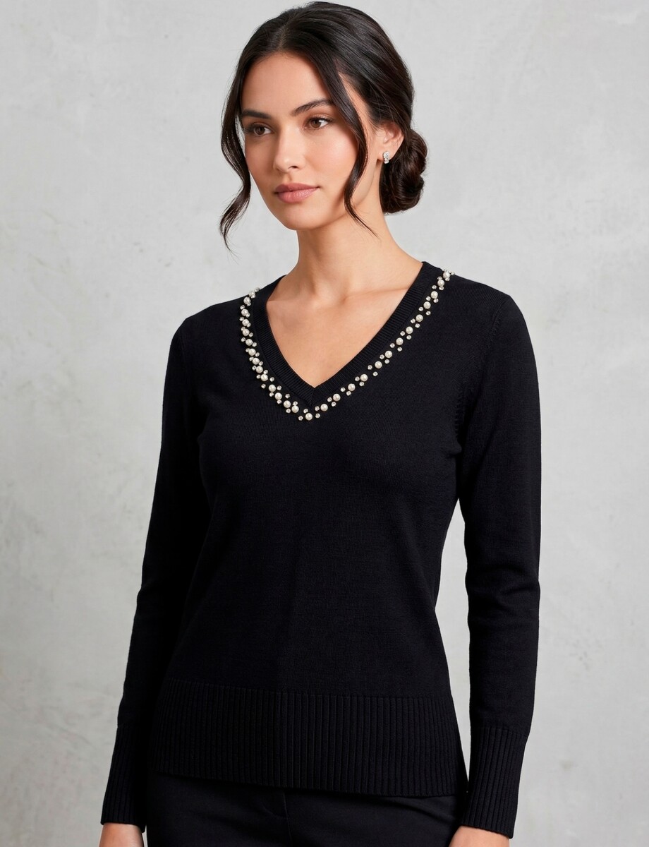 Buzo Esc V Perlas & Strass - Negro 