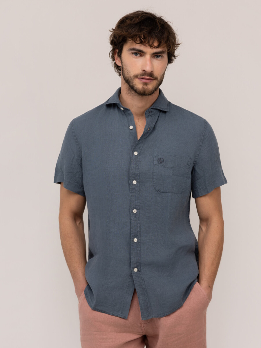 Camisa Lino Manga Corta - Marino 