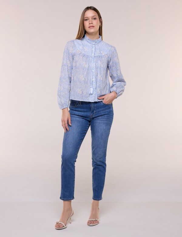 Blusa Cuello Mao Con Cordel Printed CELESTE/MULTI