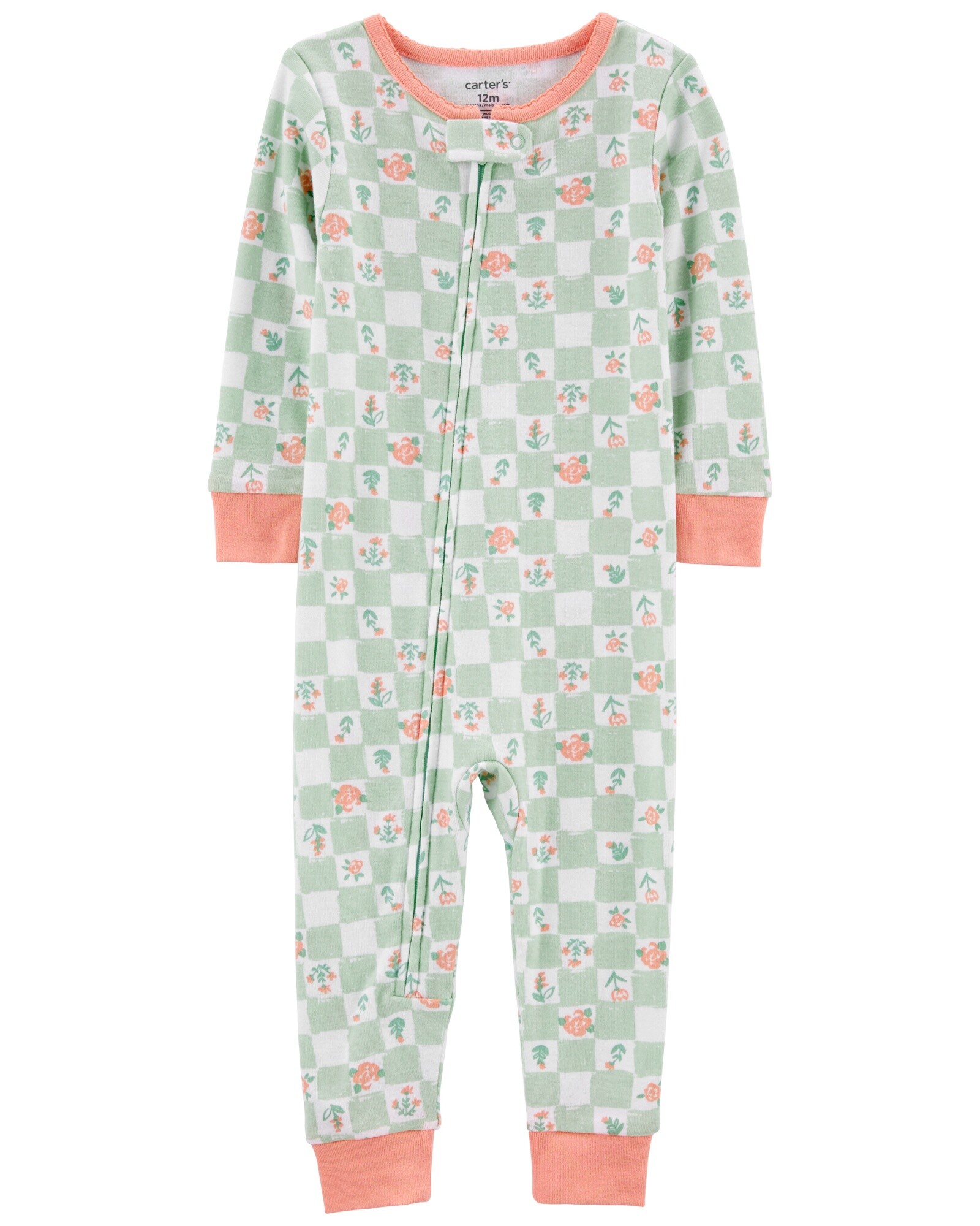 Pijama una pieza de algodón, diseño floral y cuadriculado. Talles 2-5T Sin color