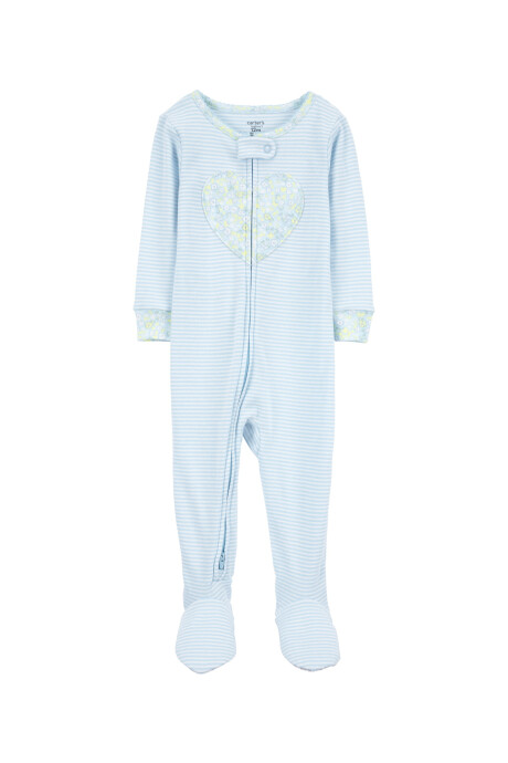 Pijama una pieza de algodón, con pie, celeste, estampa corazón. Talles 12-24M Pijama una pieza de algodón, con pie, celeste, estampa corazón. Talles 12-24M