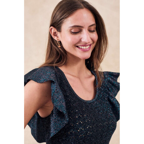 Top Metalizado Manga Volados Negro