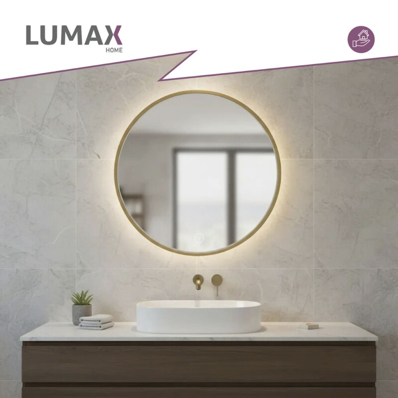 Espejo Lumax Doddy redondo con marco y luz 90cm Dorado