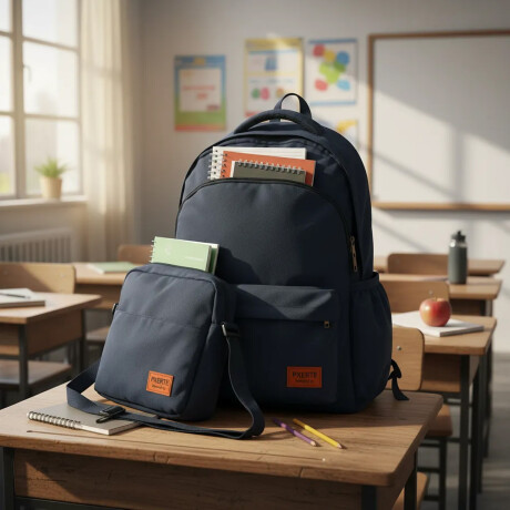 Set Mochila Bolso Cartuchera Alumno Resistente 3 Piezas Azul Marino