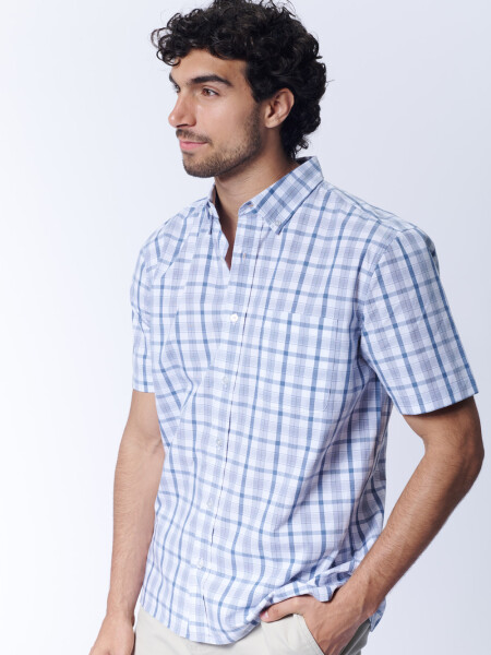 Camisa manga corta a cuadros Celeste