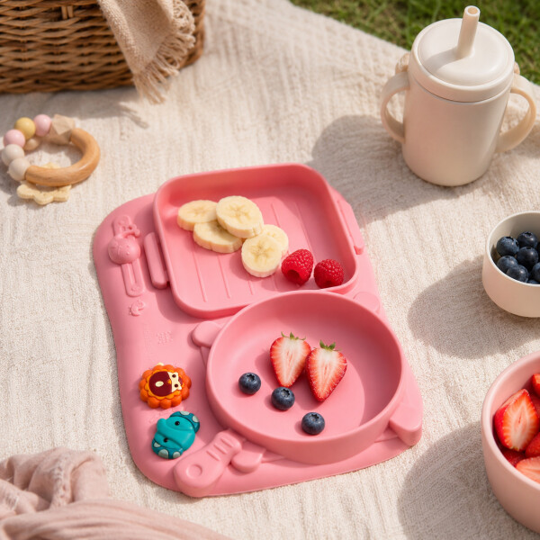 Plato Infantil Silicona Divisiones Antideslizante Bebé Rosa 1