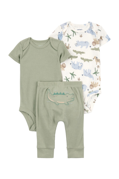 Set tres piezas de algodón, pantalón y dos bodies, diseño caimán Set tres piezas de algodón, pantalón y dos bodies, diseño caimán