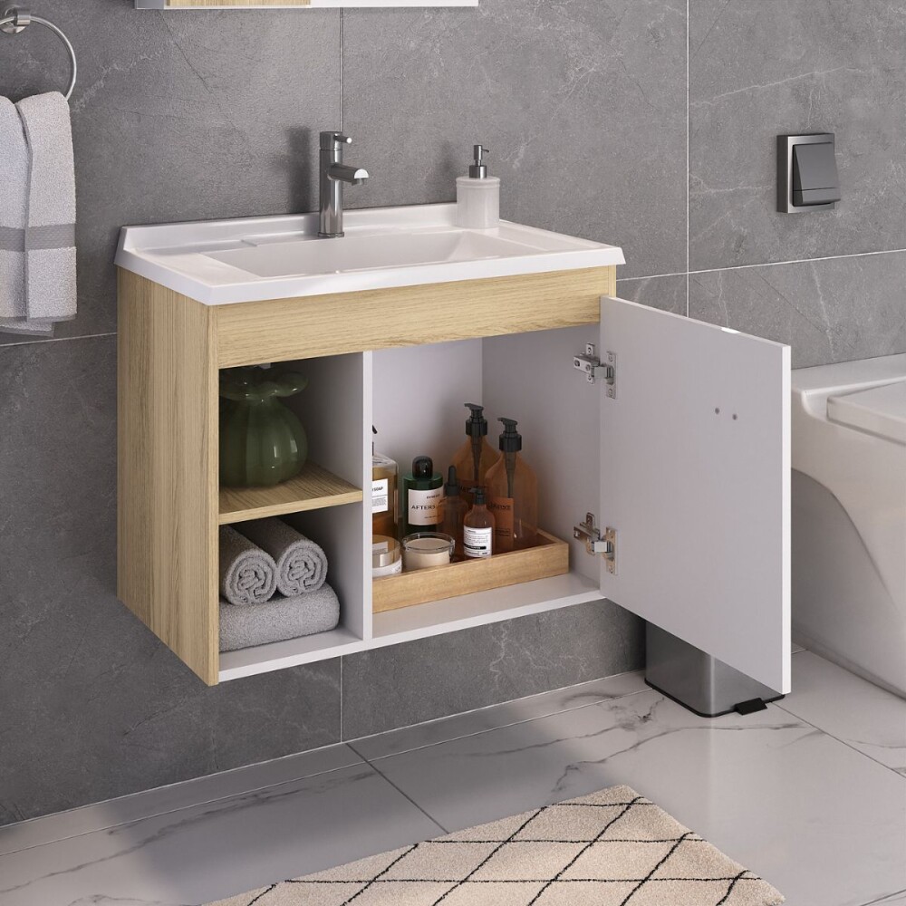 Mueble de baño suspendido Sophia Roble 60cm bacha de resina natural y espejo con botiquín Mueble De Baño Suspendido Sophia Roble 60cm Bacha De Resina Natural Y Espejo Con Botiquín