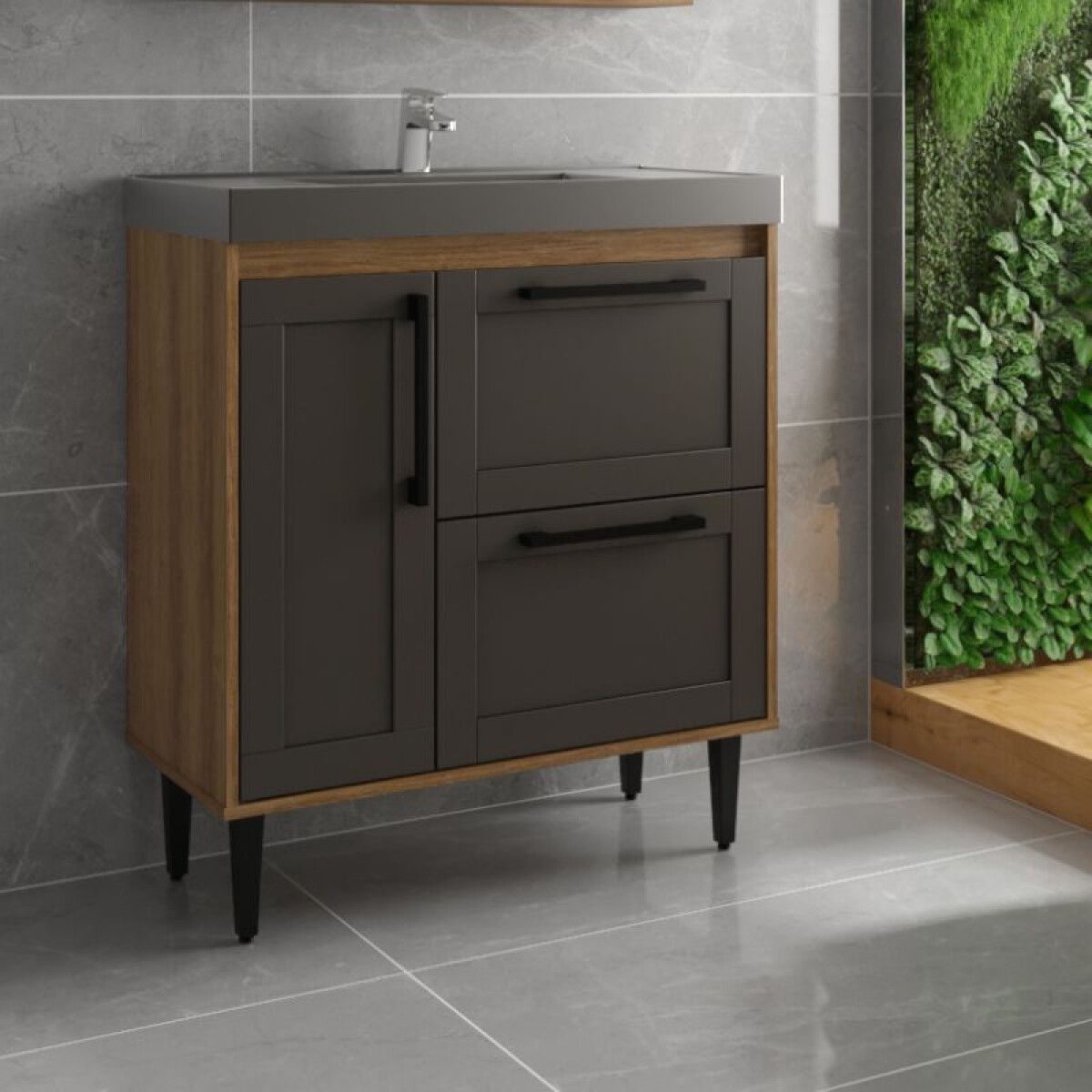 MUEBLE DE BAÑO 80 CM CON MESADA - GRAFITO/MIEL 