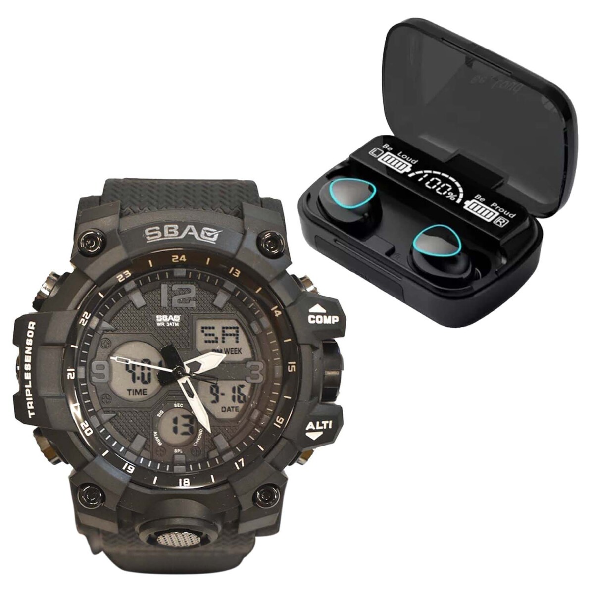 Set Reloj Deportivo Hombre + Auriculares M10 Inalámbricos BT - Negro 