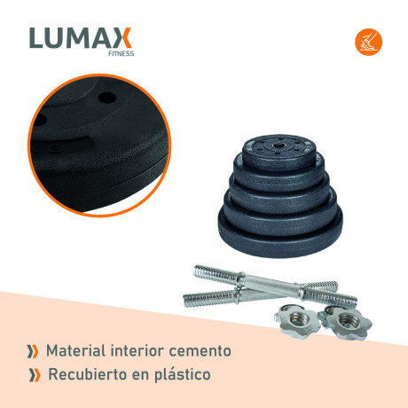 Kit 2 mancuernas cromadas + 20 kgs de Pesas 2x5Kg 4x2.5Kg