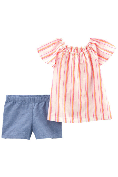 Set dos piezas, short de chambray y blusa de lino, diseño a rayas. Talles 6-24M Set dos piezas, short de chambray y blusa de lino, diseño a rayas. Talles 6-24M