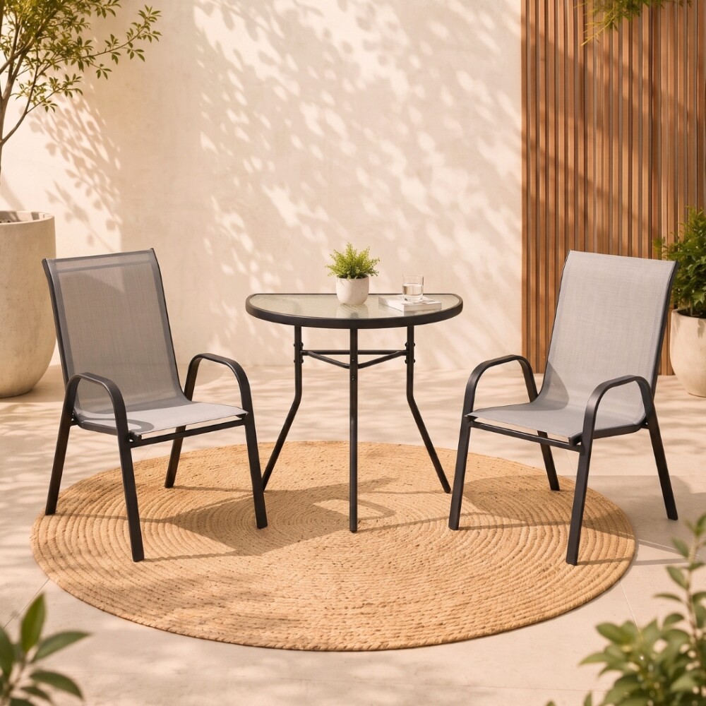 Set De Jardín Mesa De Vidrio + 2 Sillas Textilina y Acero Gris