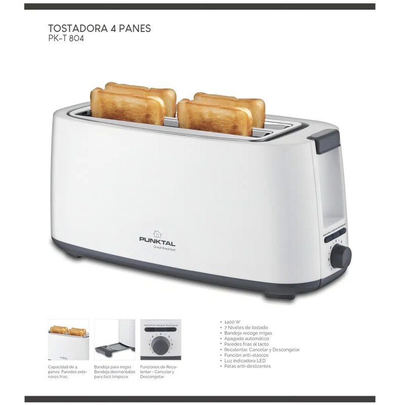 Tostadora Punktal 4 Panes 1400W 7 Niveles Blanco Paredes Frías PK-T804 Tostadora Punktal 4 Panes 1400w 7 Niveles Blanco Paredes Frías Pk-t804