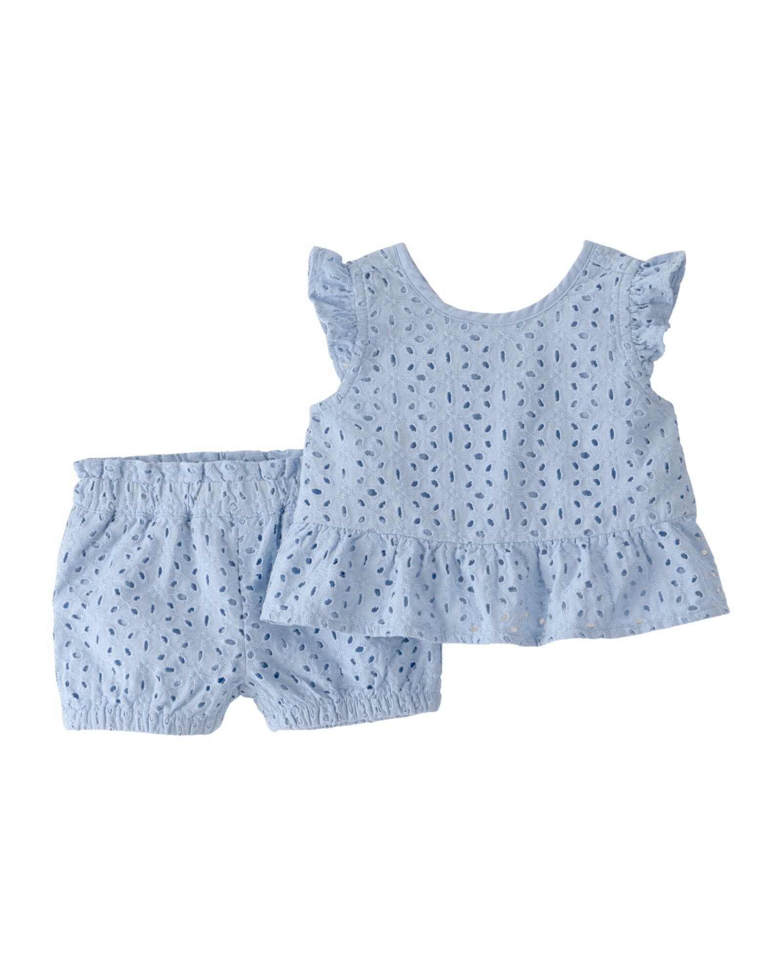Set dos piezas de algodón orgánico, short y remera, azul, diseño ojales Sin color