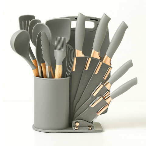 Set De Espátulas Cuchillos Y Accesorios En Silicona Y Madera Gris Set De Espátulas Cuchillos Y Accesorios En Silicona Y Madera Gris