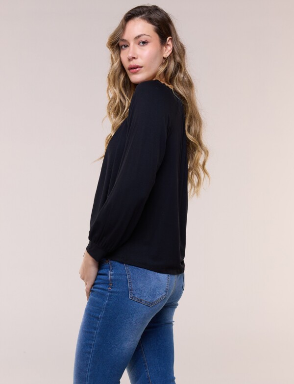 Blusa Modal Escote Fruncido Y Mangas Largas NEGRO