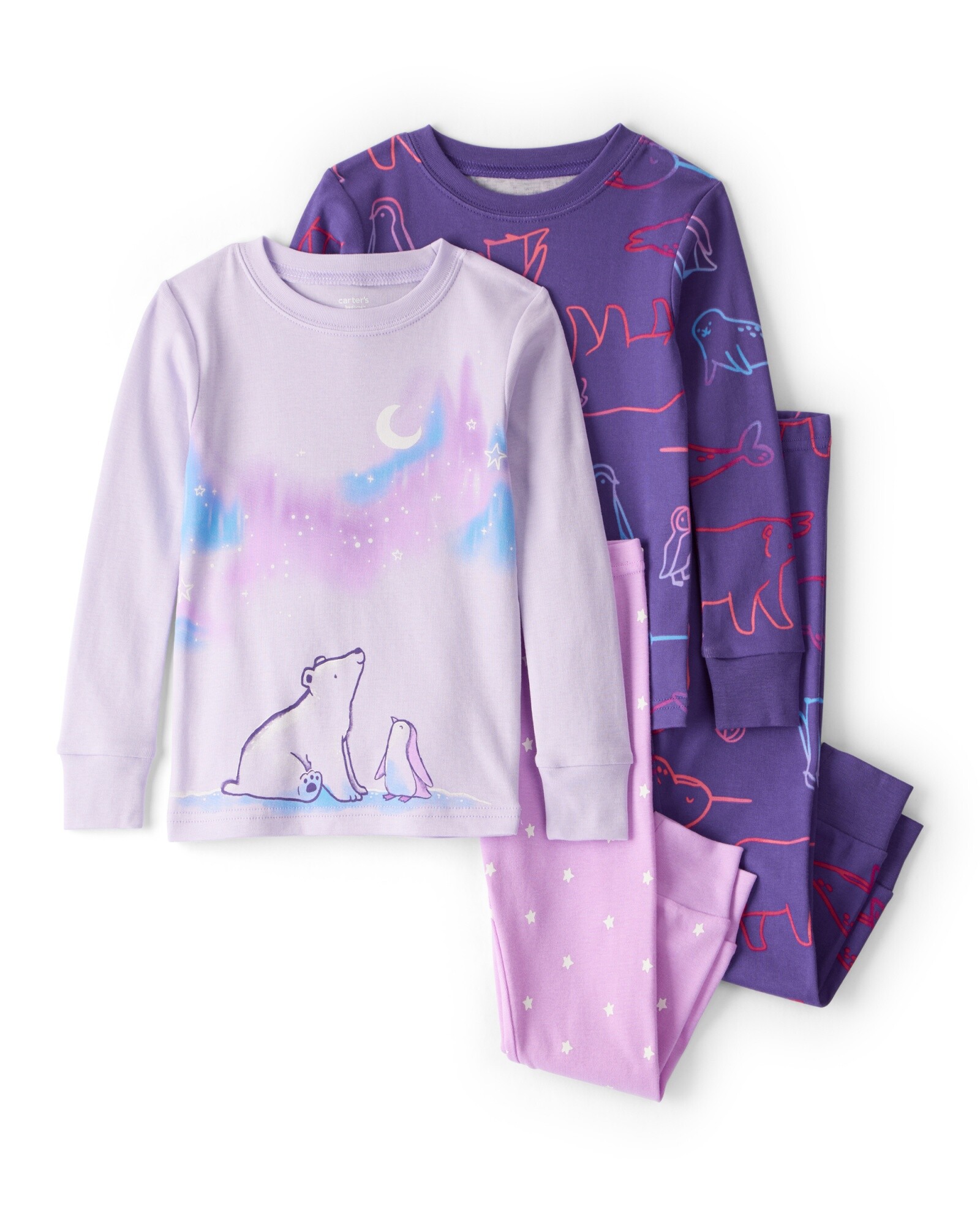 Pijama cuatro piezas de algodón, dos remeras y dos pantalones, diseño animales árticos Sin color
