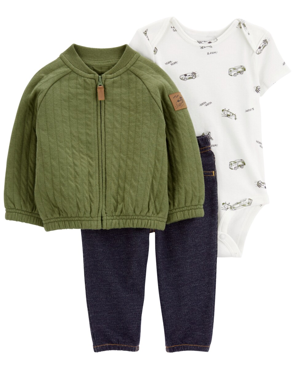 Set tres piezas, campera y body de algodón, más pantalón jean 