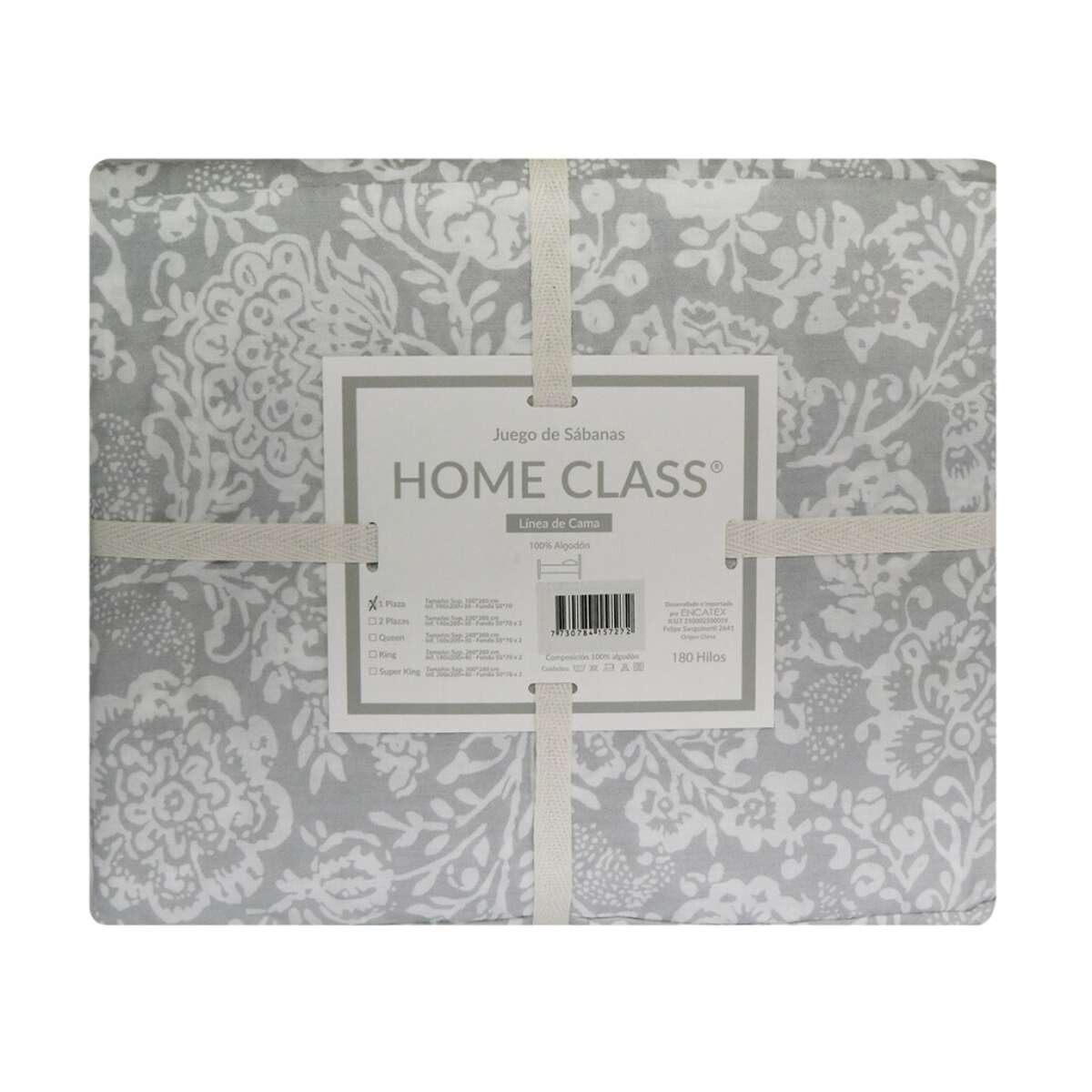 Juego Sábanas 1 Plaza Home Class Estampado 180 Hilos 100% Algodón - Arabesco Gris 