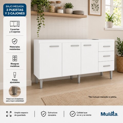 Bajo Mesada 3 Puertas 3 Cajones 160 cm de Ancho Patas Ajustables - Blanco Bajo Mesada 3 Puertas 3 Cajones 160 cm de Ancho Patas Ajustables - Blanco
