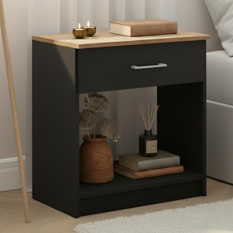 Mesa de Luz Italia - 1 Cajón y Nicho - MDP y ABS - 55cm Alto - Negro / Miel Mesa de Luz Italia - 1 Cajón y Nicho - MDP y ABS - 55cm Alto - Negro / Miel
